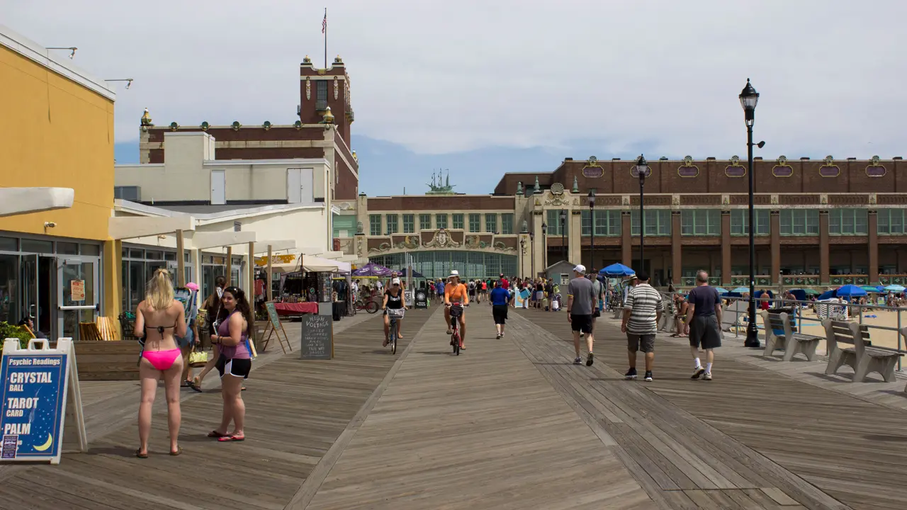 People on the boardwalk at Asbury Park.