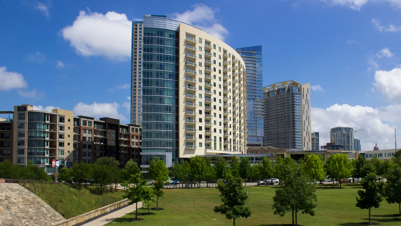 High-rise buildings with landscapes.