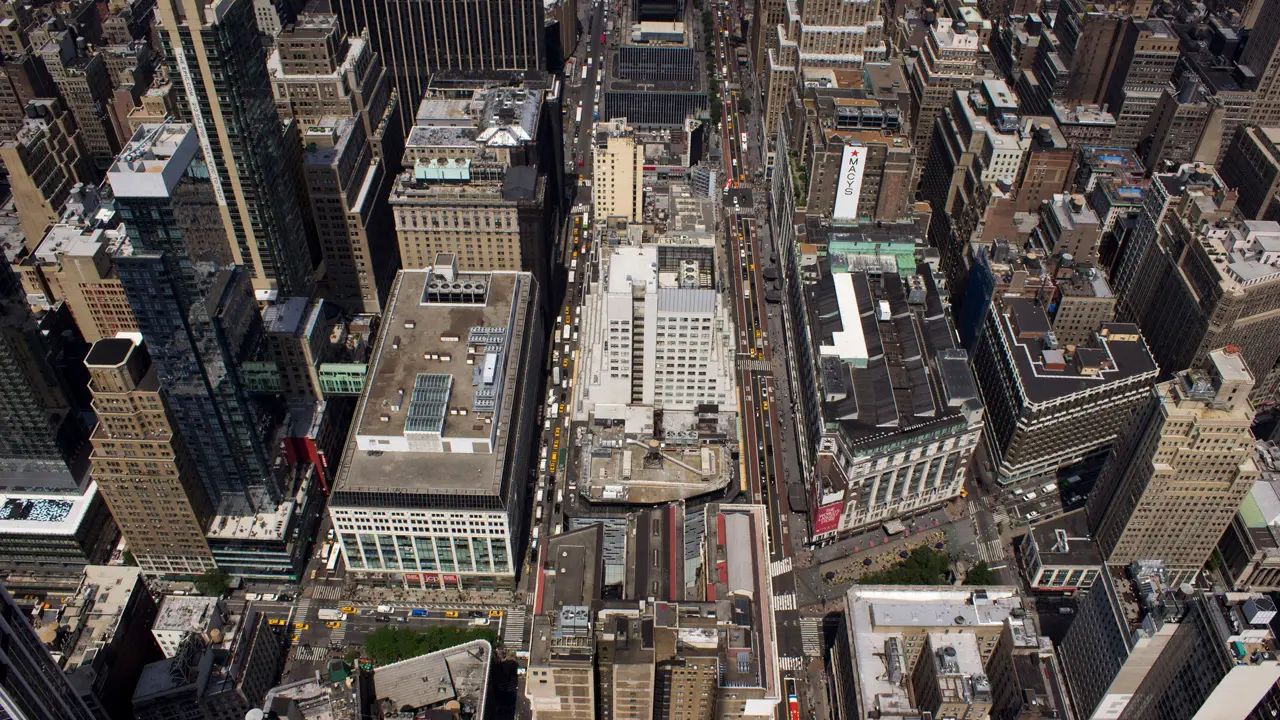 Looking down toward 34th Street and Broadway from the Empire State Building.