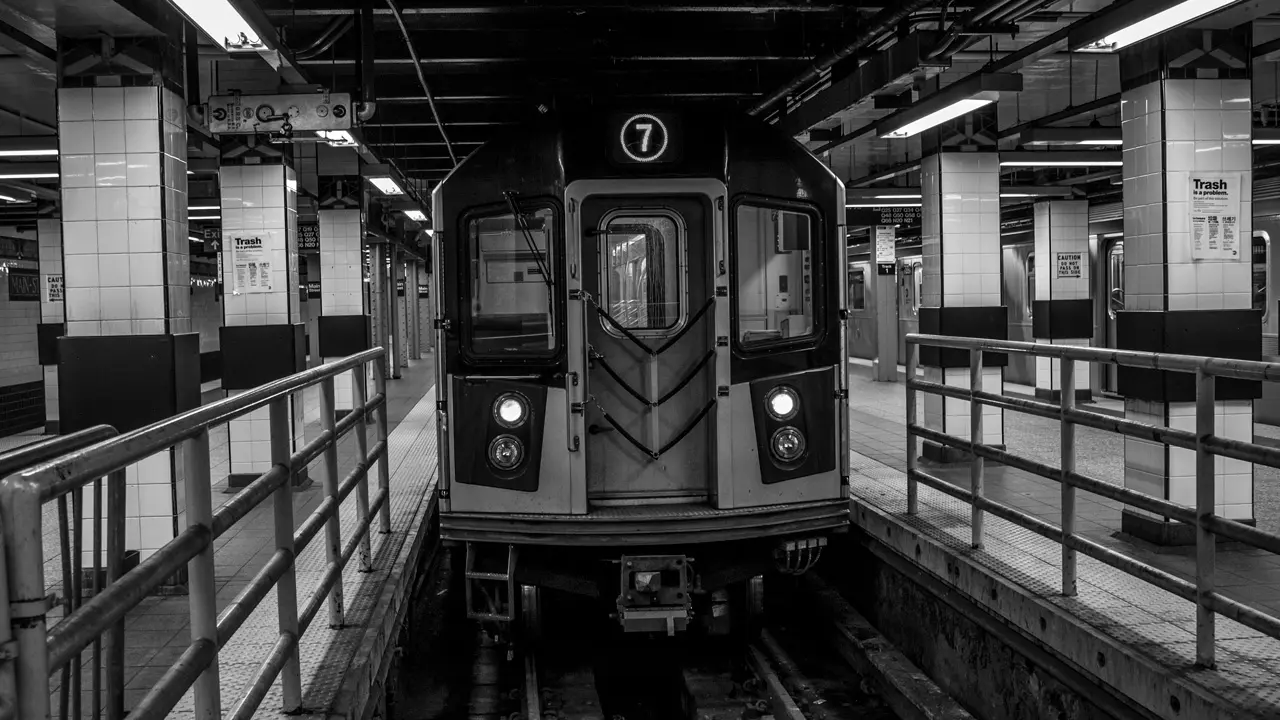 MTA 7 Train on the center track at the Flushing-Main Street subway station.