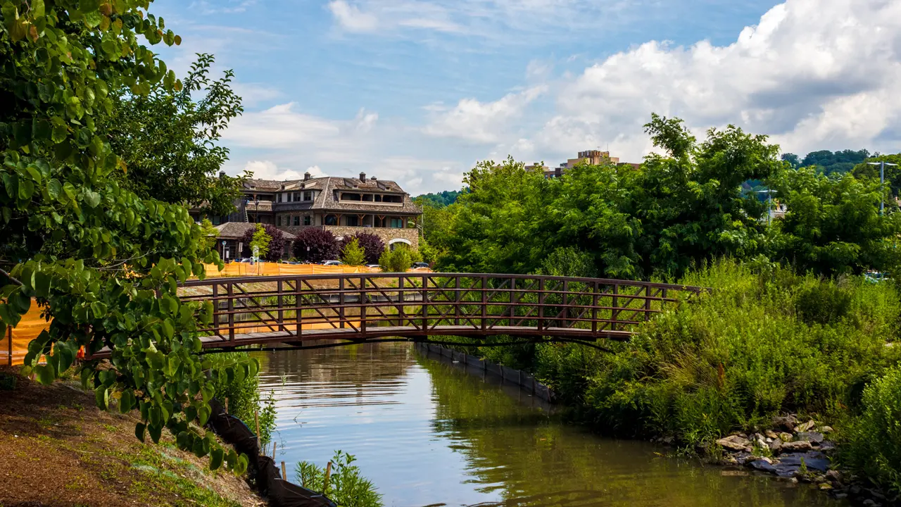 Views of a pedestrian bridge crossing a lake.